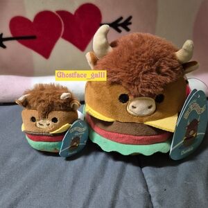 Squishmallows Dunkie The Cow Cheeseburger Plush Toy Set - Brown and Red 3" & 5"